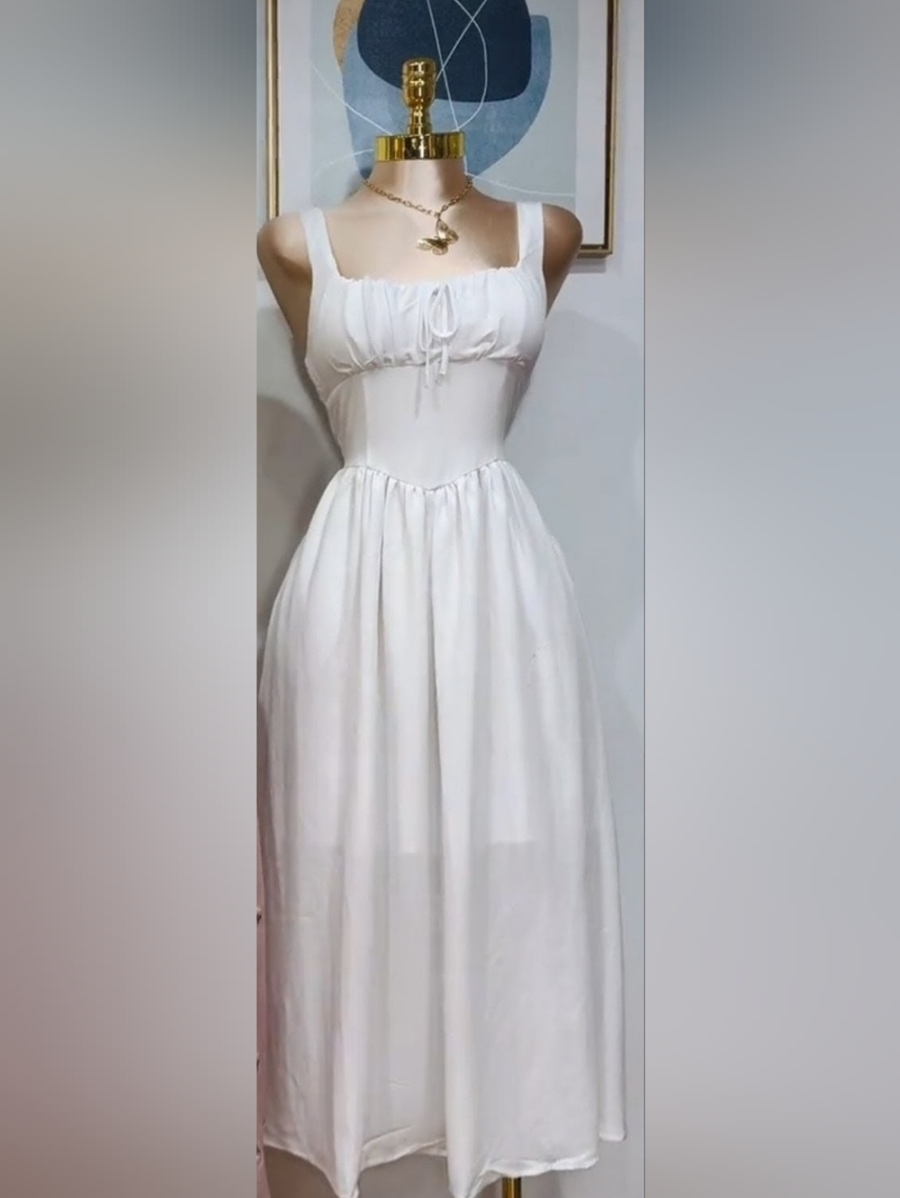 Sleeveless White Midi Dress with Tie-Front Bodice